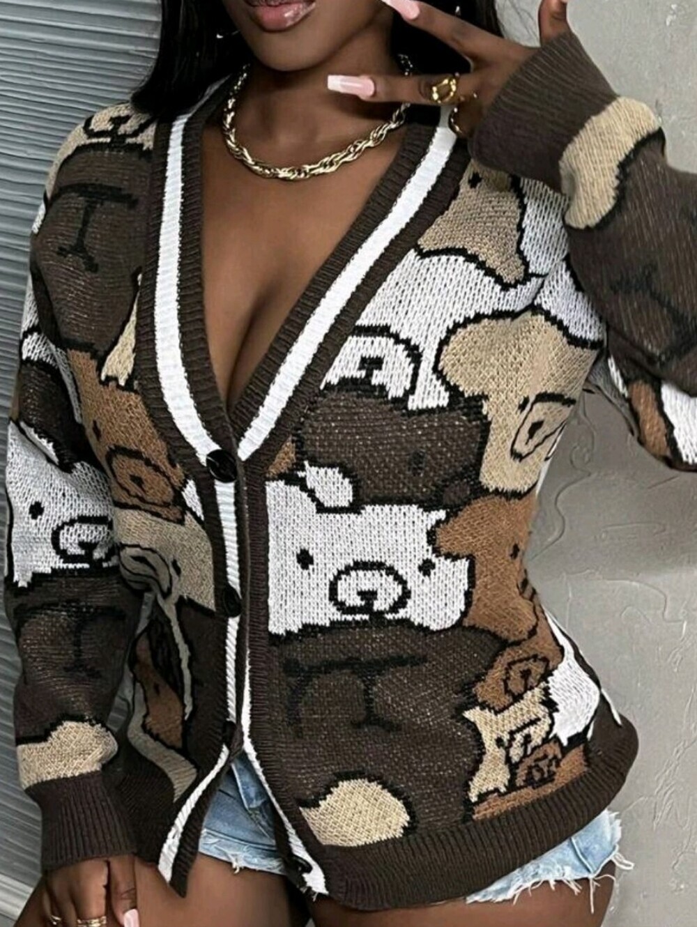 Multicolor Bear-Print V-Neck Cardigan Sweater